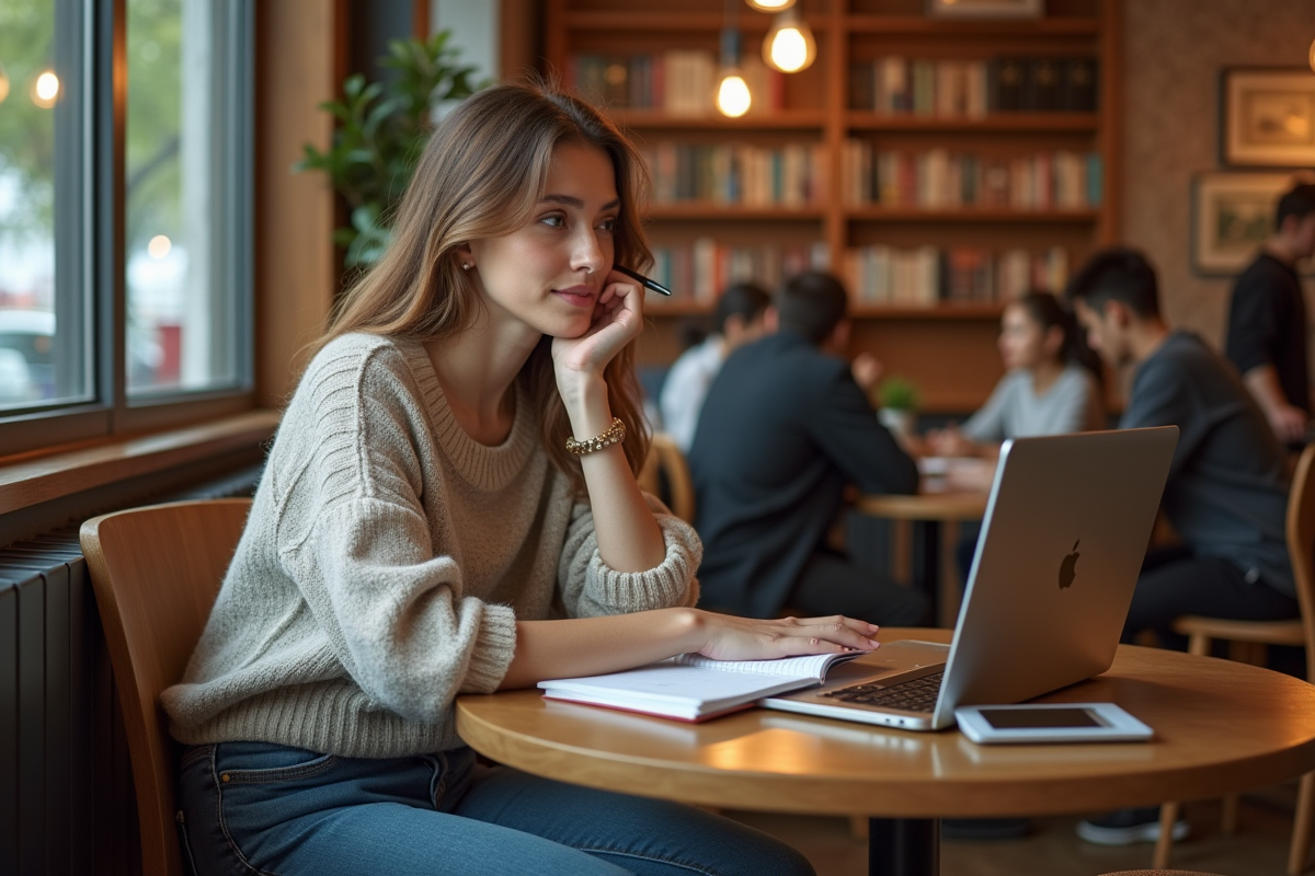 Jeune femme au café en train de réfléchir avec ordinateur portable