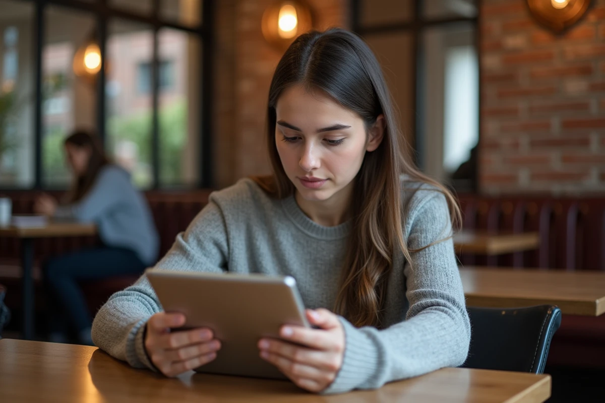 Jeune femme analysant des paramètres de sécurité sur sa tablette