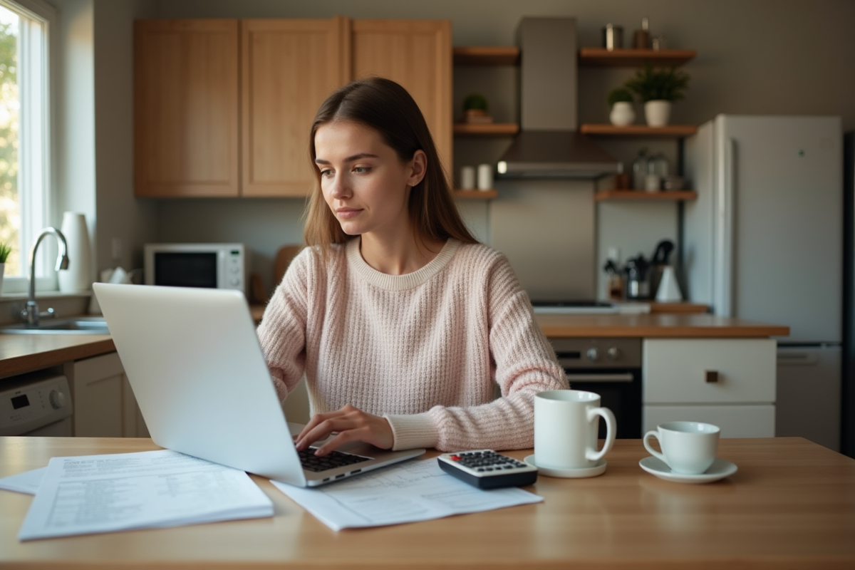 Jeune femme à la maison calcule ses dépenses de prêt