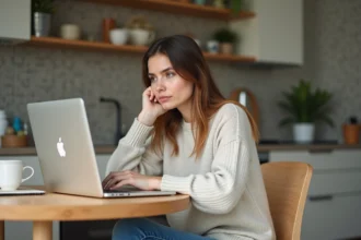 Femme décontractée travaillant sur son ordinateur à la maison