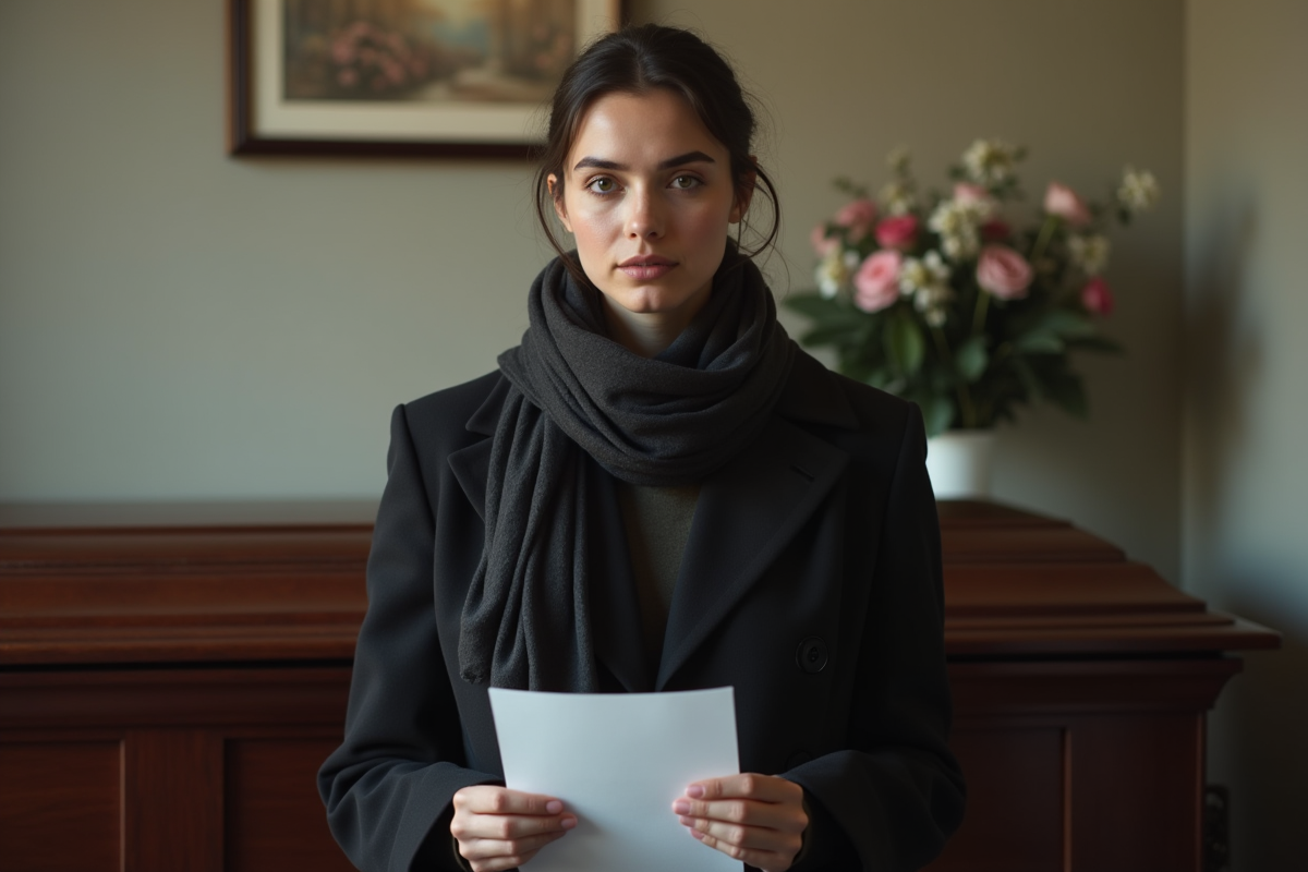 Jeune femme assise dans un salon funéraire avec un cercueil
