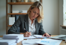 Les erreurs courantes en comptabilité LMNP et comment les éviter Femme d affaires examinant des reçus et documents