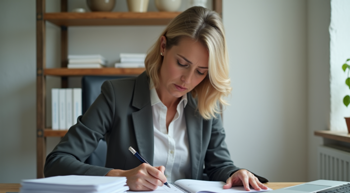 Femme d affaires examinant des reçus et documents