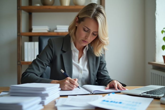 Femme d affaires examinant des reçus et documents