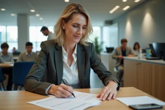 Femme d'affaires remplissant des formulaires dans une banque