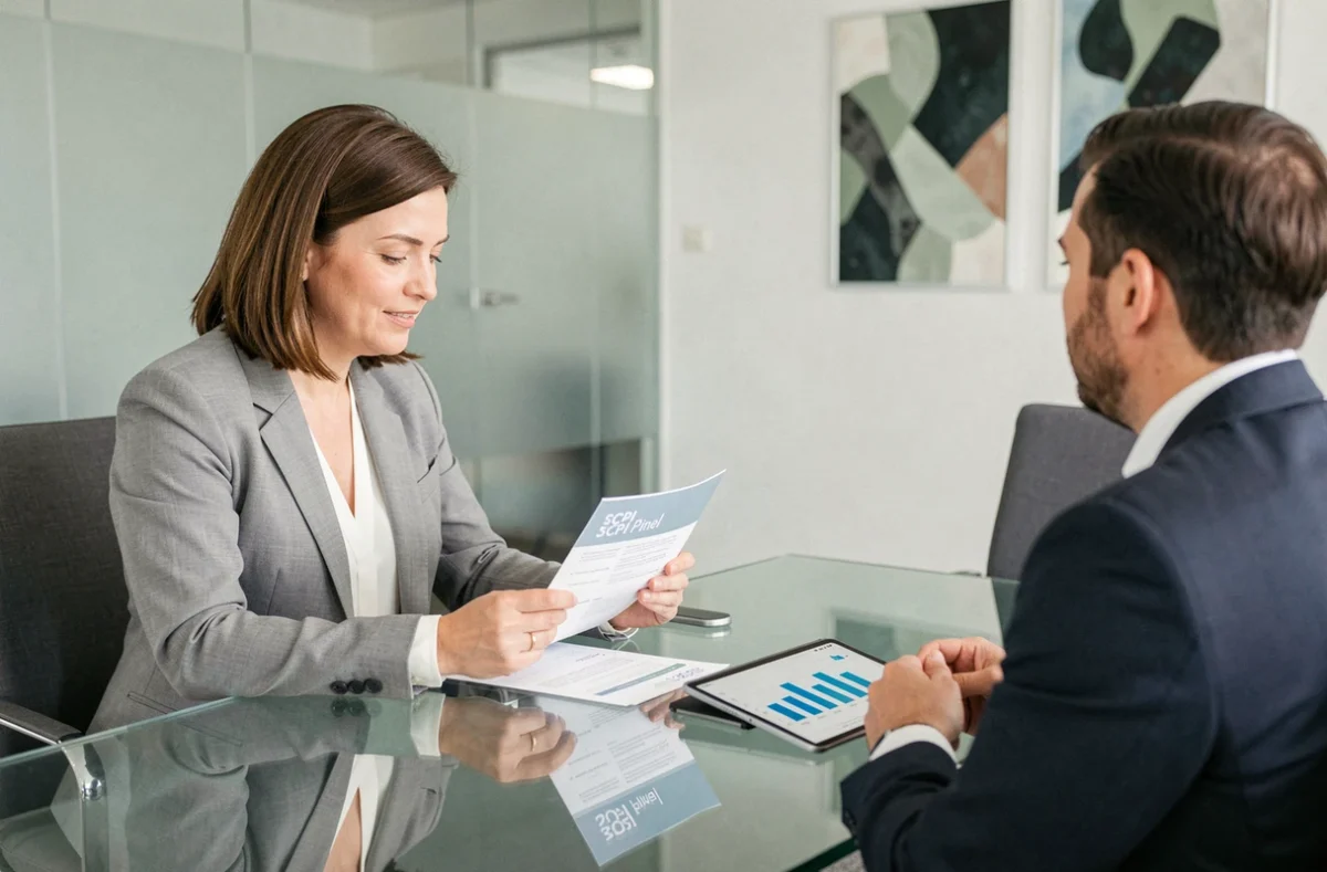Une femme et un conseiller financier discutent d'un investissement en SCPI fiscale autour d'un tableau de données dans un bureau de conseil moderne