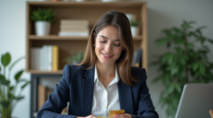 Jeune femme d'affaires compare deux cartes de crédit