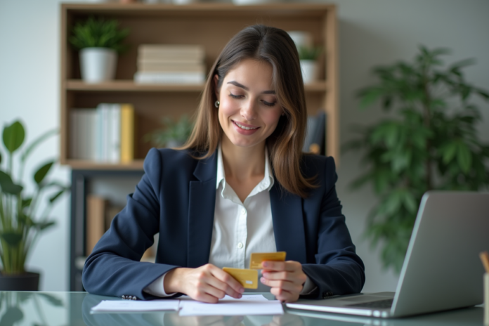 femme-credit-cards-bureau Jeune femme d'affaires compare deux cartes de crédit