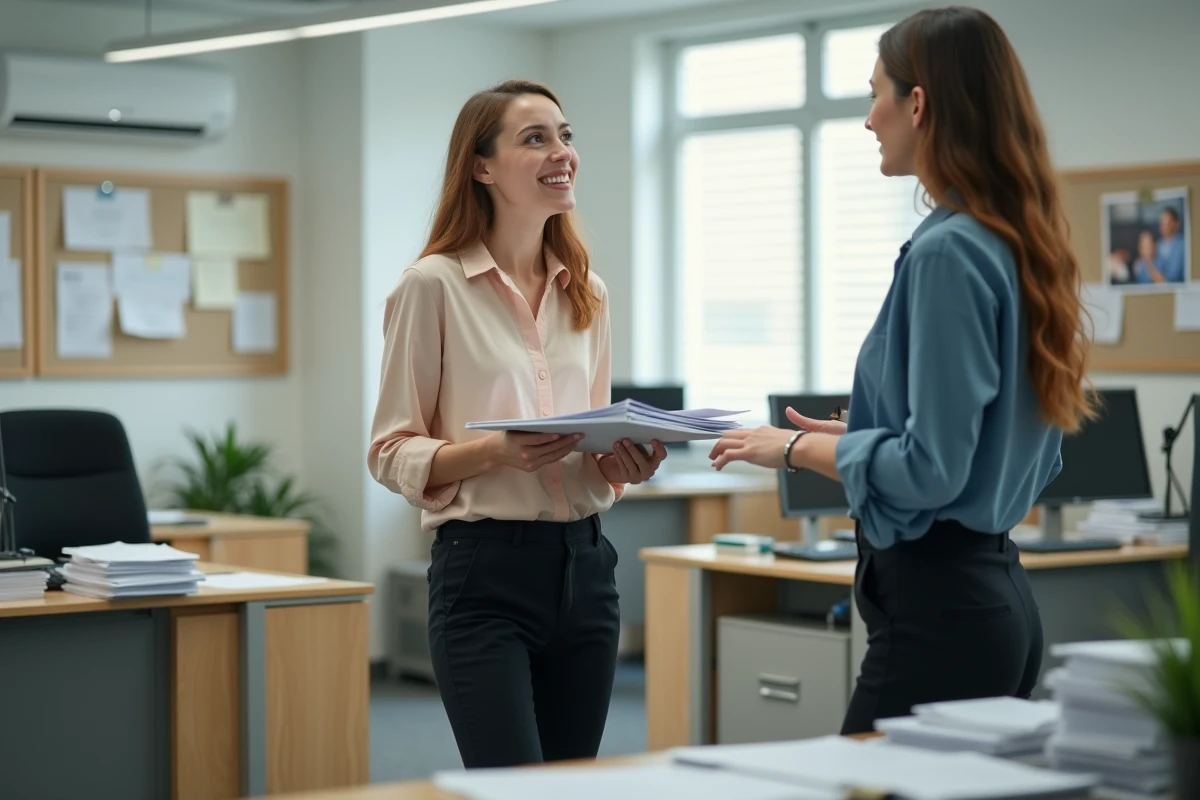 Femme en blouse pastel parle avec une collègue dans un bureau lumineux