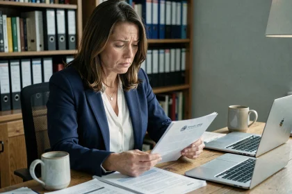 Femme examinant des documents bancaires à son bureau pour préparer un litige avec La Banque Postale