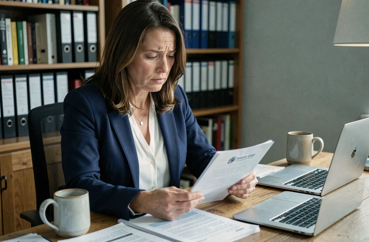 Femme examinant des documents bancaires à son bureau pour préparer un litige avec La Banque Postale