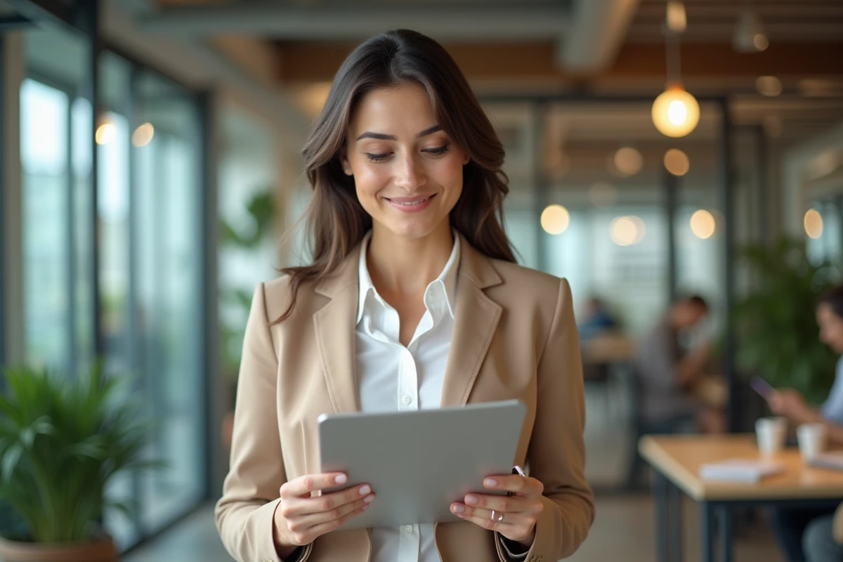 Femme entrepreneure dans un espace de coworking moderne