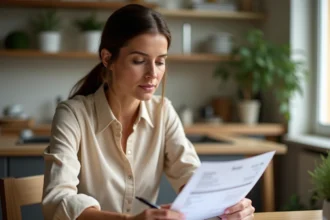 Femme consultant un relevé bancaire à la maison pour gérer son épargne de précaution