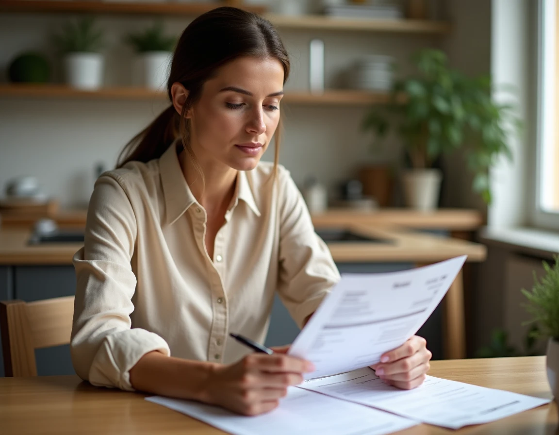 Femme consultant un relevé bancaire à la maison pour gérer son épargne de précaution