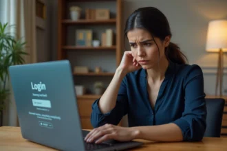 Femme frustrée devant un écran d'ordinateur affichant une erreur de connexion à son compte bancaire LCL