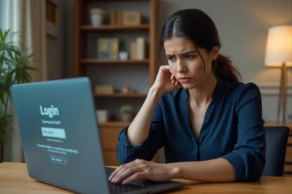 Femme frustrée devant un écran d'ordinateur affichant une erreur de connexion à son compte bancaire LCL