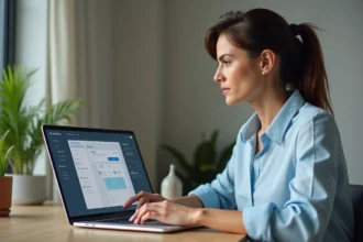 Femme utilisant l'espace particulier Société Générale sur un ordinateur portable pour effectuer des virements bancaires