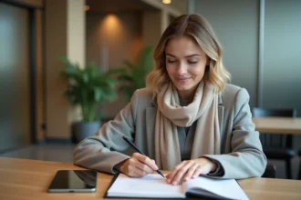 Femme d'affaires examine des documents financiers dans une banque