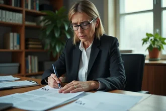 Femme consultant des documents fiscaux incluant un formulaire H1 impôt sur un bureau en bois à domicile