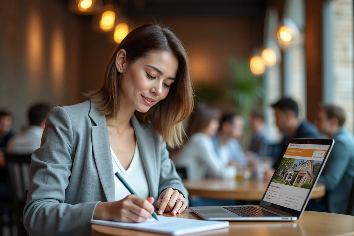 Femme consultant le forum Boursorama Orange sur son ordinateur portable dans un café pour évaluer un prix de vente immobilier