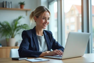Femme gérant ses assurances et son épargne en ligne sur un ordinateur portable via Crédit Agricole du Languedoc depuis son bureau à domicile