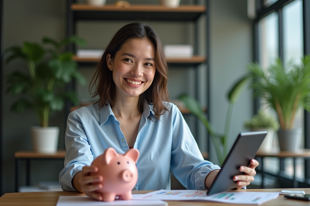 Femme avec tirelire et tablette affichant un graphique dans un bureau