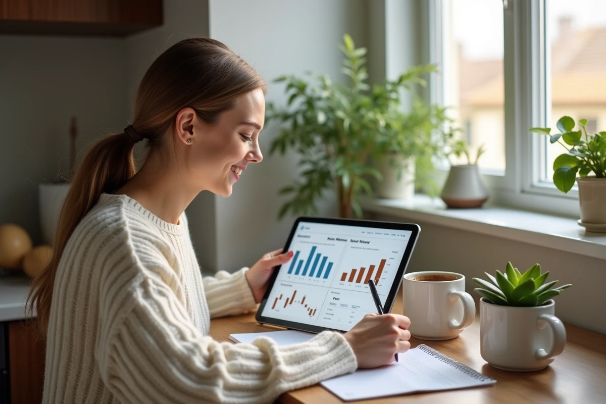 Femme souriante avec tablette et notes dans une cuisine chaleureuse
