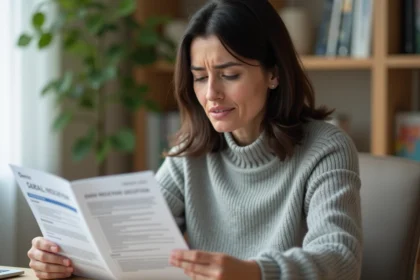 Femme lisant attentivement un contrat d'assurance à résilier à son bureau à domicile
