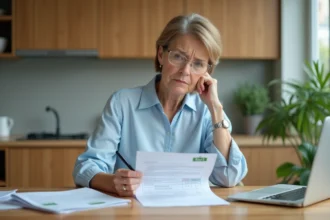 Femme lisant des documents Éco PTZ dans la cuisine