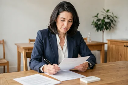 Femme consultant un livret d'épargne LEL et des documents immobiliers à la table de sa cuisine