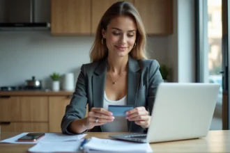Femme d affaires tenant une carte de crédit devant son ordinateur