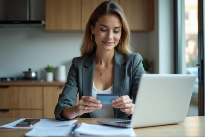 Femme d affaires tenant une carte de crédit devant son ordinateur