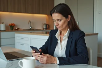 Femme d affaires utilisant son smartphone dans une cuisine moderne