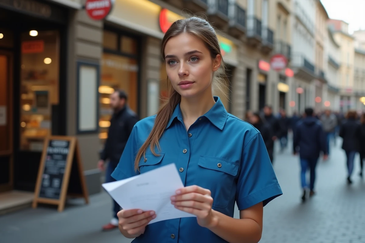 Jeune femme avec fiche de paie dans une rue animée