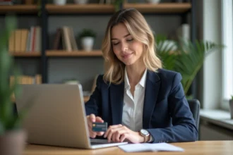 Femme d'affaires utilisant sa carte bancaire sur son bureau