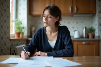 Femme concentrée avec papiers dans une cuisine chaleureuse