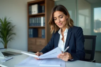 Femme en costume lisant un manuel commercial dans un bureau moderne