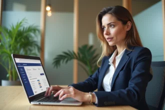 Femme professionnelle consultant ses relevés bancaires Société Générale Progéliance Net sur un ordinateur portable dans un bureau moderne