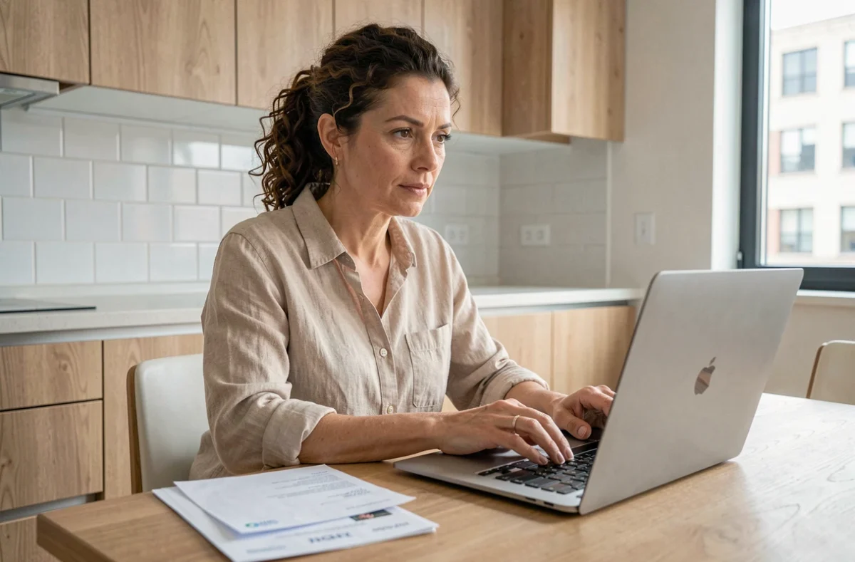 Femme rédigeant un recours en ligne depuis sa cuisine après un litige avec sa banque