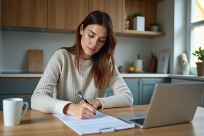 Femme assise à la cuisine remplissant un formulaire d'assurance
