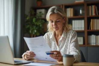 Femme d'âge moyen vérifiant ses relevés bancaires à la maison