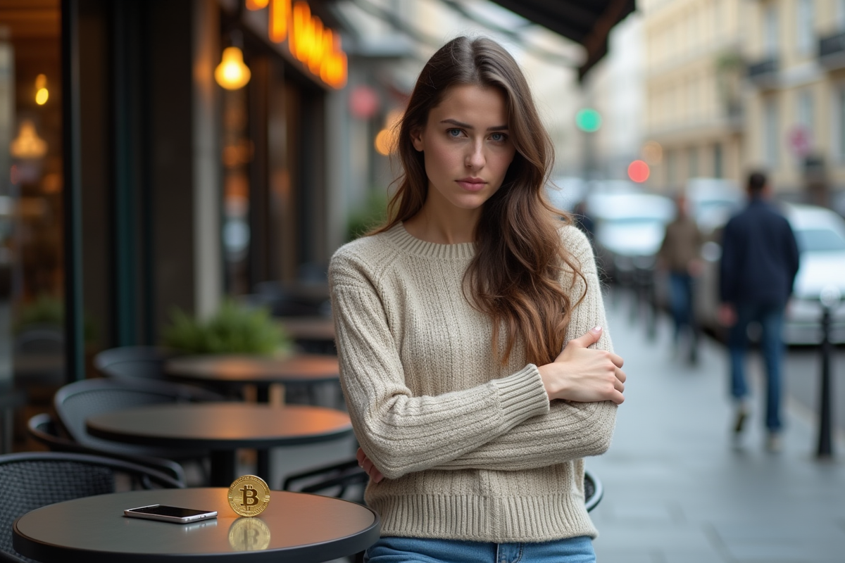 Jeune femme sceptique avec pièce de bitcoin à l