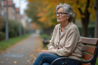 Femme senior assise sur un banc dans un parc en automne