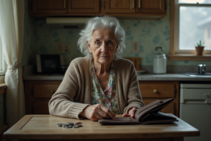 Femme âgée contemplant ses pièces de monnaie dans la cuisine