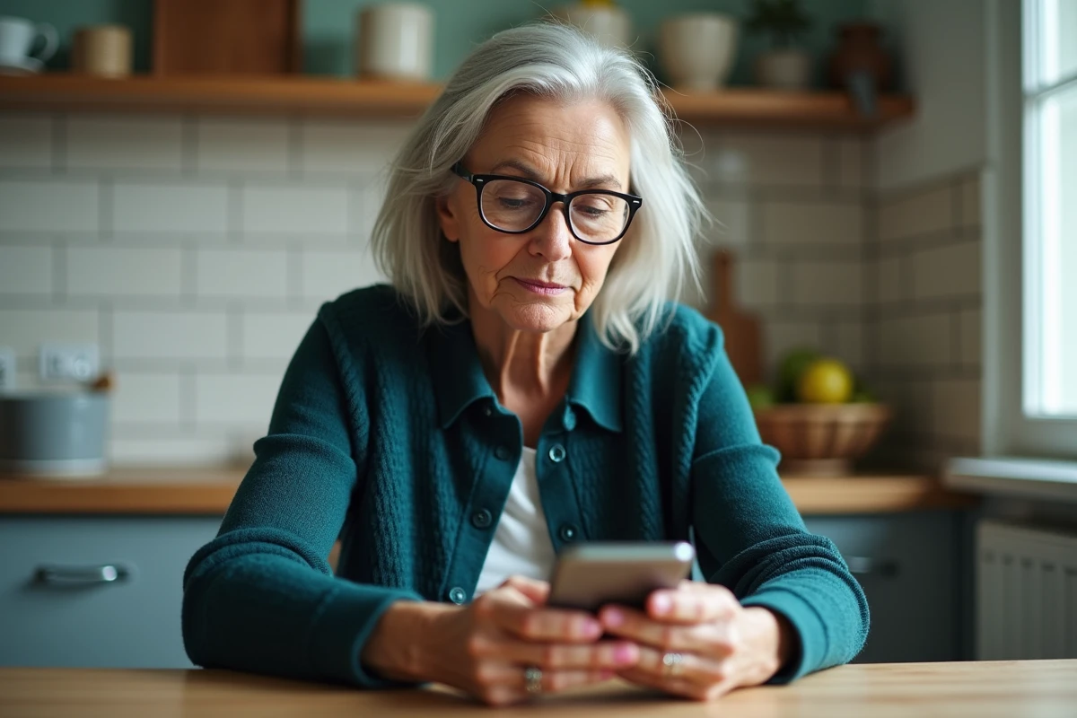 Femme âgée consultant le fichier PRÉVENTEL sur smartphone dans une cuisine