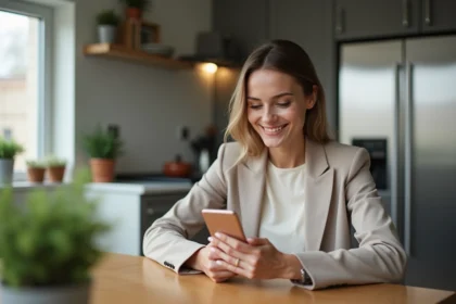 Femme souriante utilisant son smartphone dans une cuisine moderne