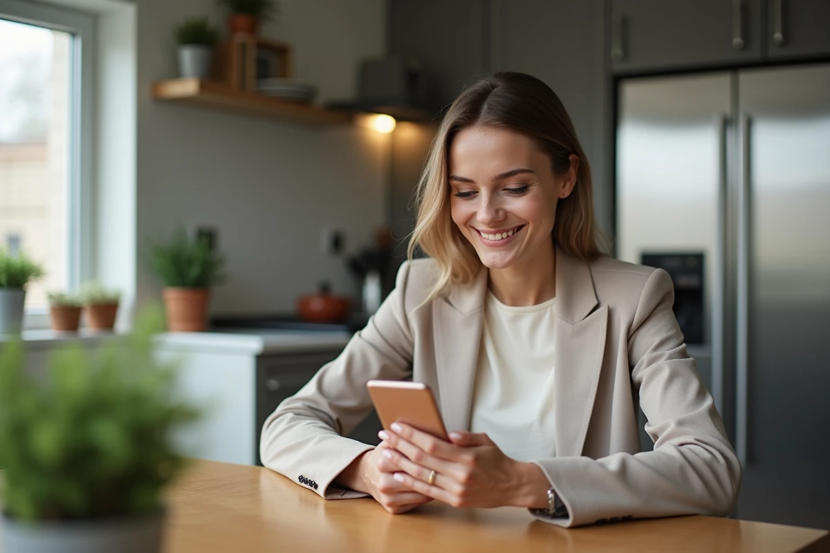Femme souriante utilisant son smartphone dans une cuisine moderne