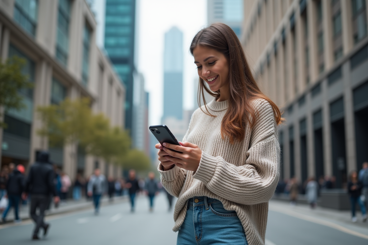 Jeune femme souriante utilisant une application Ethereum en extérieur