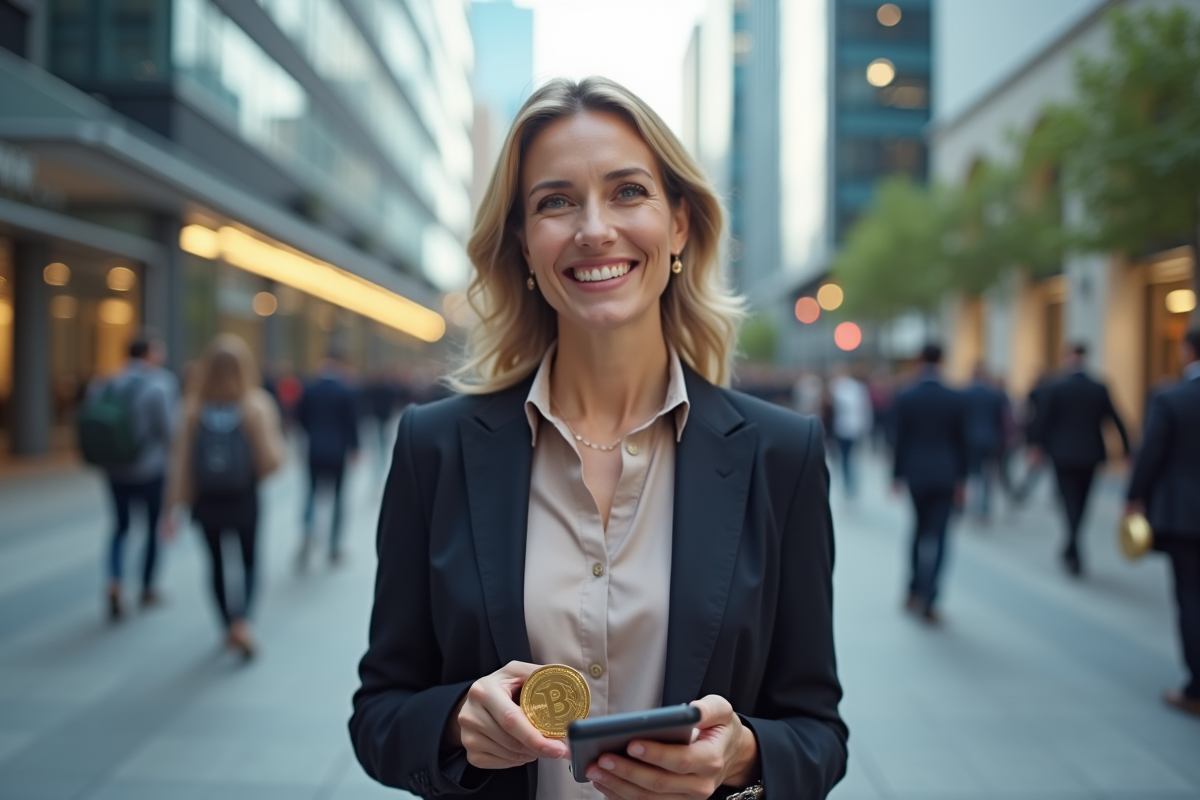 Femme souriante tenant une crypto-monnaie dans un environnement urbain