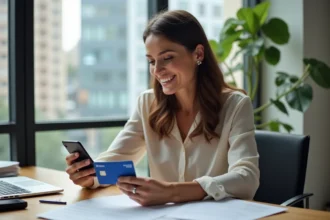 Femme souriante avec carte Kadéos Infini au bureau